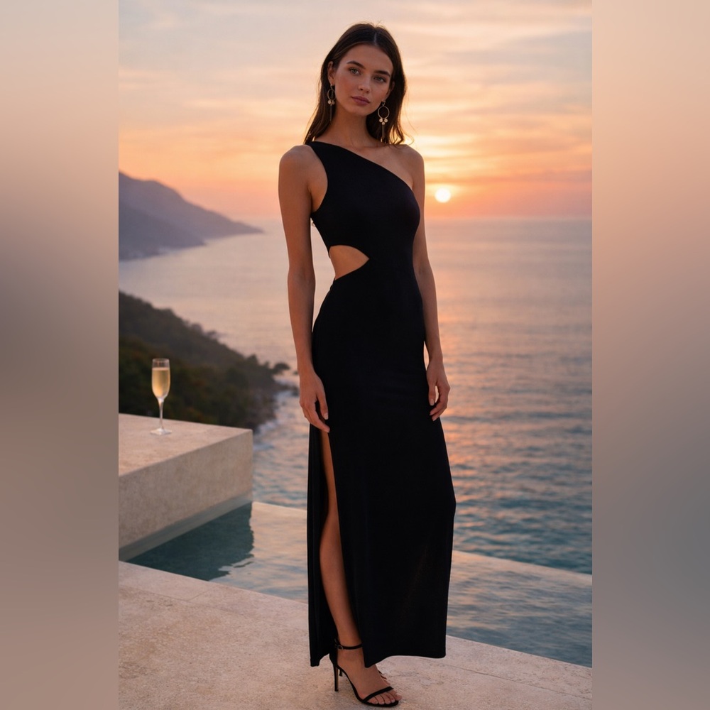 Alice + Olivia Malia One Shoulder Black Cutout Maxi Dress Slit Evening Gown 6